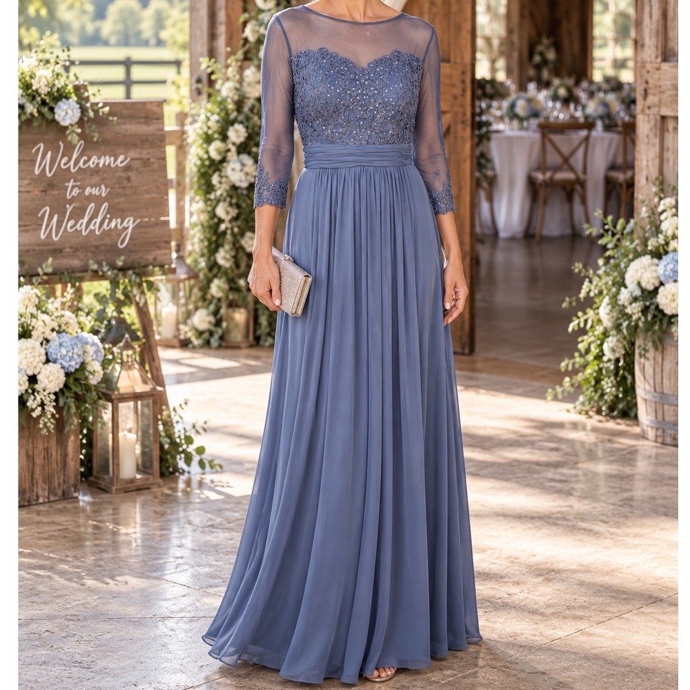 Alex Evenings Blue Embroidered Illusion Neck Chiffon Gown Dress Size 12 B5